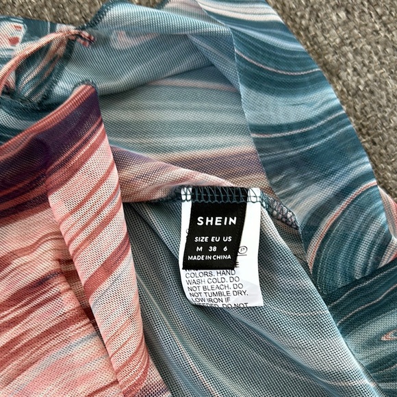 SHEIN Women’s Marble Blue Multicolored Cut Out Fitted Long Flare Sleeve Mesh Med - Picture 4 of 6